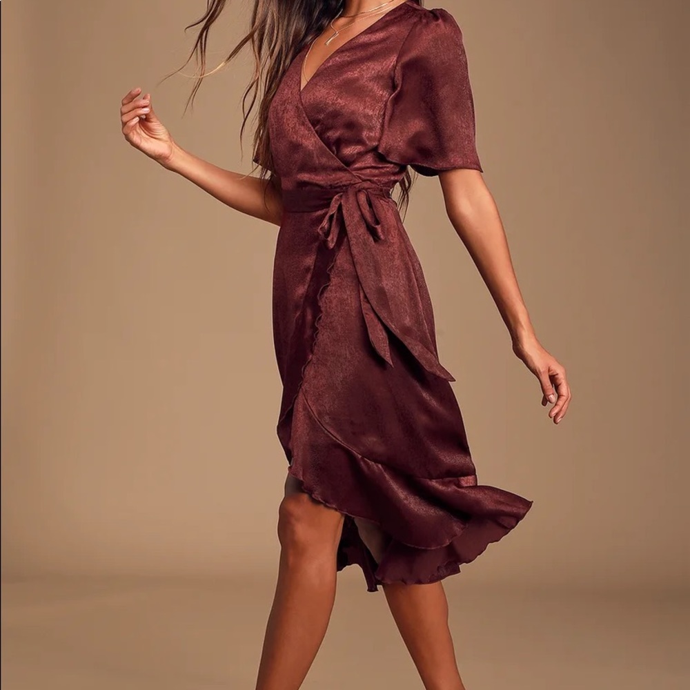 Lulu’s satin wine faux wrap dress